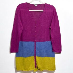 G9C 100% Linen Colorblock Cardigan in Purple, Blue, and Yellow Button Down Small